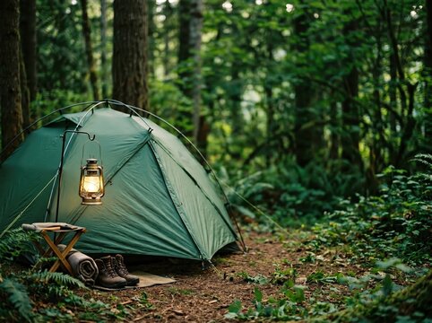 Tent in a lush green forest at dusk