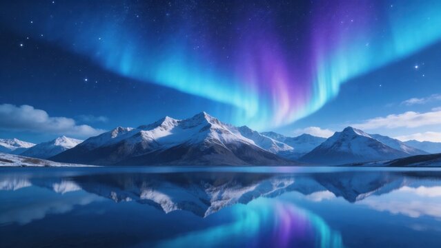 Snowy mountains under aurora sky