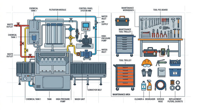 Industrial machine schematic with tools and equipment.