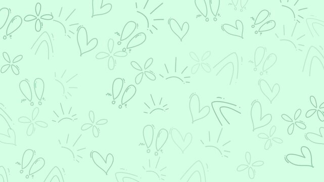 Seamless mint green background with hand-drawn doodles and hearts