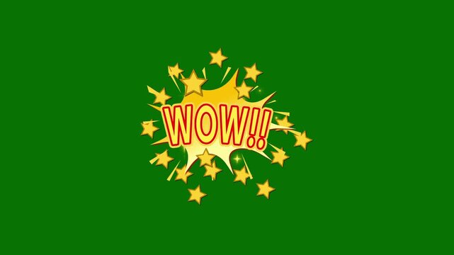 WOW Retro comic pop art caption animation with colorful bubble burst, dotted texture, shining star particles and dynamic motion flow on green  background in 4K video