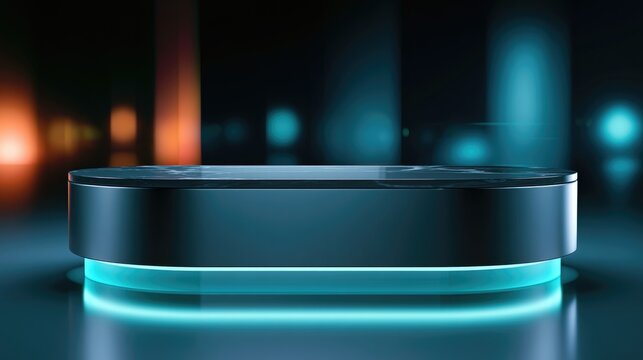 A sleek, futuristic podium with glowing blue lights stands against a dark background illuminated by soft, colorful light beams.