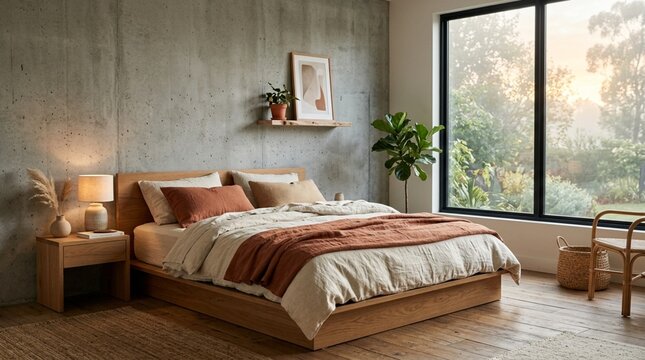 Modern Bedroom Interior with Concrete Wall and Large Window