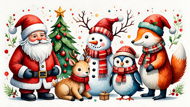 Watercolor Christmas Friends Celebration featuring Santa Claus Snowman Reindeer Penguin and Fox for Festive Holiday Season