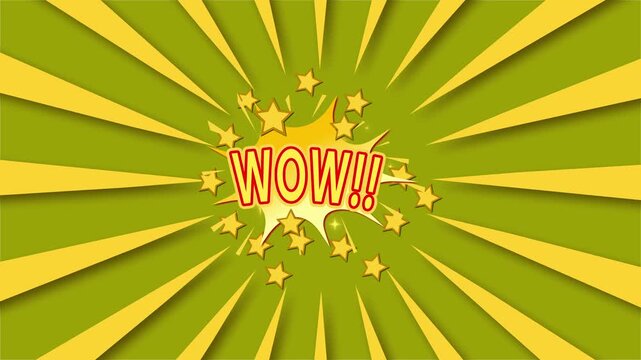 WOW Retro comic pop art caption animation with colorful bubble burst, dotted texture, shining star particles and dynamic motion flow on wiggle  color full background in 4K video