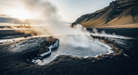 Obraz premium Steaming geothermal pool in a volcanic landscape