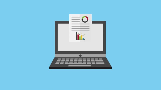 laptop displays dynamic data reports showing various charts and graphs, representing business analysis and financial planning in motion.