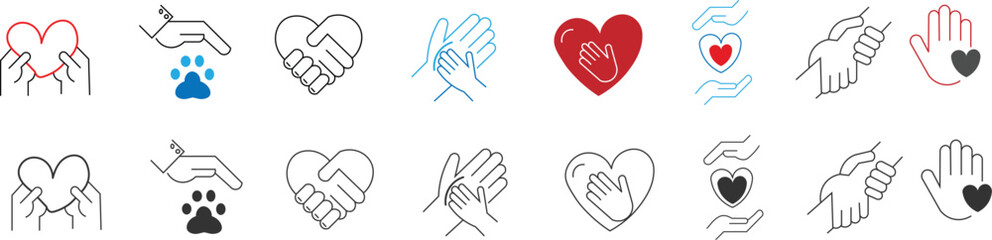 Obraz premium handshake icon set symbolizing partnership. Helping hands and support graphics for humanitarian assistance and care logo 