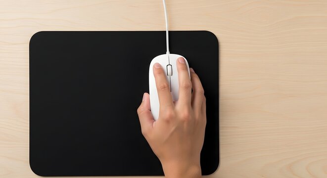 Human hand clicking white computer mouse on black desk mat