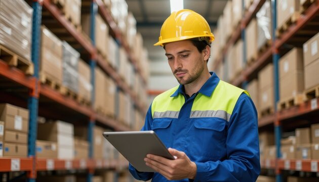 Warehouse worker analyzing inventory data distribution center professional photography indoor environment close-up view logistics management