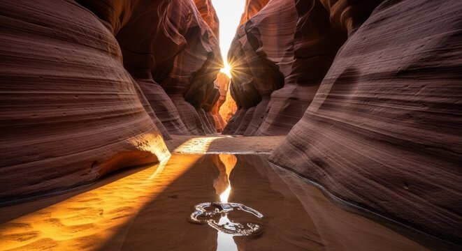 Sunbeams pierce a narrow sandstone canyon