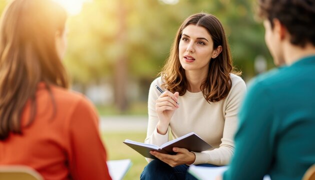 Engaging team meeting discussion outdoor park group interaction natural environment eye-level view collaboration concept