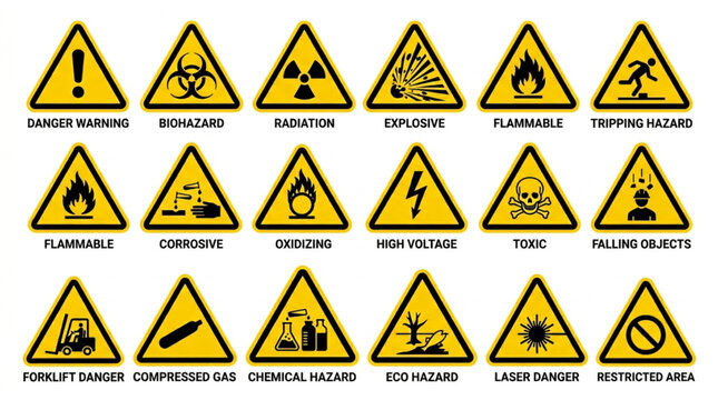Collection of Yellow Warning Hazard Signs Safety Symbols.