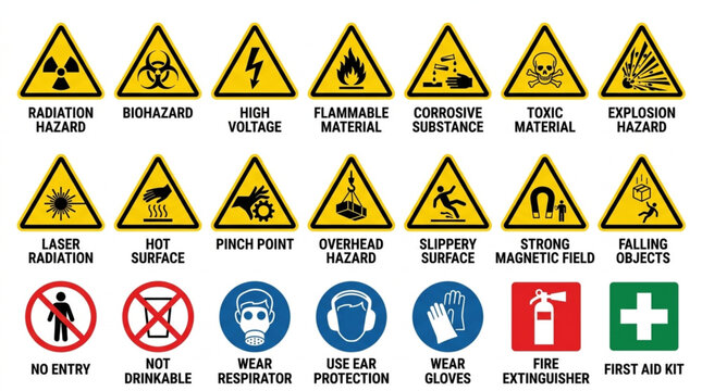 Collection of Safety Warning Signs and Symbols for Hazard Awareness.