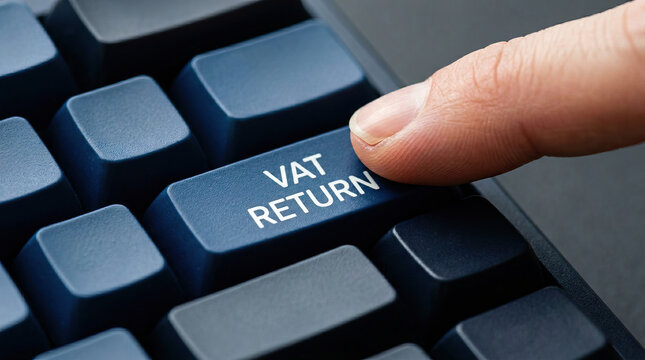 VAT return key on keyboard pressed by fingertip, close up of finger pressing blue button for tax refund or financial accounting concept