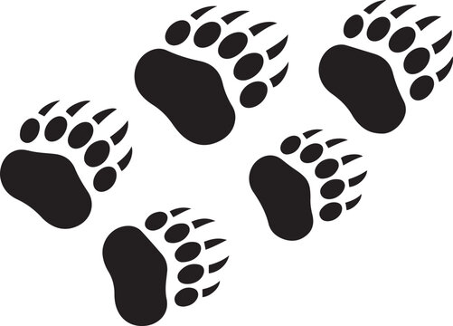 Vector flat black foot prints of grizzly bear steps isolated. logo Vector Black silhouettes