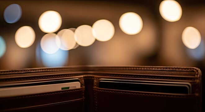 Empty Wallet with Blurred Bokeh Lights in the Background.