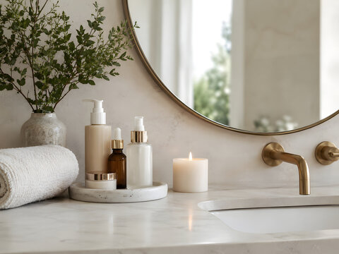 Minimal bathroom skincare setup with round mirror candle towel and elegant neutral decor