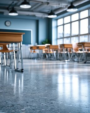 A bright, empty classroom with wooden desks and chairs, large windows letting in natural light, and a chalkboard in the background.