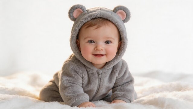 Smiling baby in bear costume
