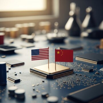 Two flags on a chip symbolize tech relations
