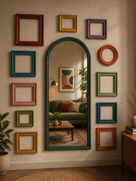 Modern Arched Wall Mirror with Colorful Decorative Frames in Cozy Living Room