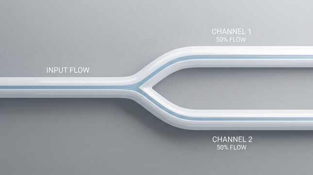 Fluid flow split in clean white pipe with two channels each carrying 50 percent flow, shown on smooth gray background with labeled input and output flow