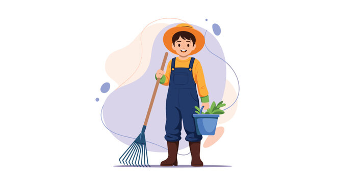 Young boy dressed in a gardener outfit with a straw hat and overalls holding a rake and a bucket of fresh green plants.