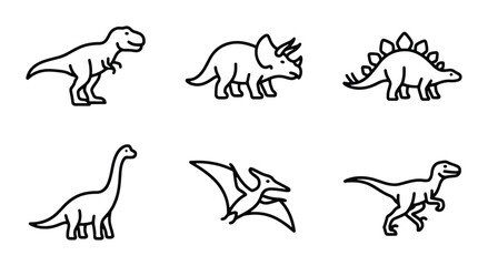 Dinosaur Icons Set, Prehistoric Creatures Vector Collection, Ancient Reptiles Line Art Graphics, Jurassic Era Animals Simple Illustrations © Ruma