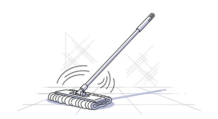 Fototapeta premium Modern flat floor mop moving across a tiled surface shown with motion lines and a soft shadow in a clean drawing style.