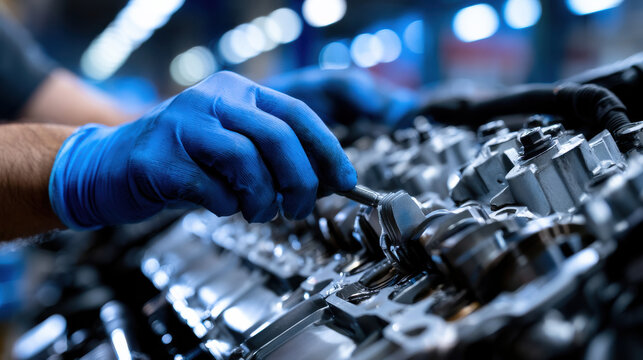 Mechanic engine repair workshop maintenance industrial tool blue glove metal machinery mechanic engine repair workshop maintenance industrial tool blue glove metal machinery detail and focus