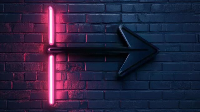 Pink neon arrow glows brightly against dark brick wall. Light casts vivid reflections on textured surface. Flickering glow suggests motion or subtle animation