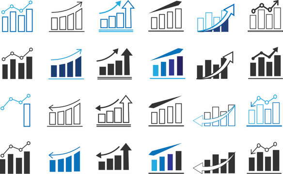 growth and decrease icon set. growth up and down. Stock increase and decrease icon set isolated on transparent background. upward or downward trend bar chart icon
