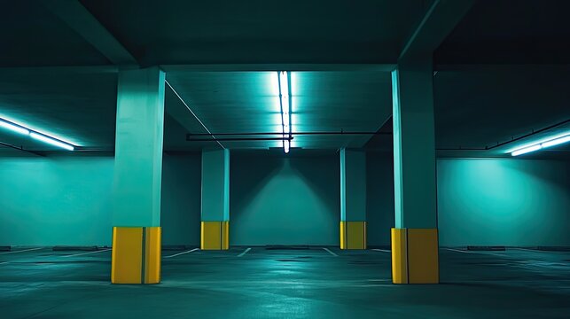Concrete pillars and illuminated fluorescent lights are creating a moody, atmospheric ambiance within a deserted multi level subterranean garage, reflecting isolation and solitude