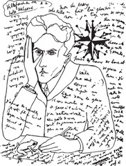 Artistic Sketch of a Thinking Man with Handwritten Text