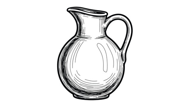 Traditional black and white engraving illustration of a rustic ceramic pitcher with a handle and spout, perfect for vintage or farmhouse designs.
