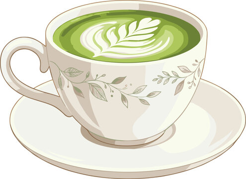 Matcha latte cup with leaf pattern and latte art green tea beverage flat vector illustration design