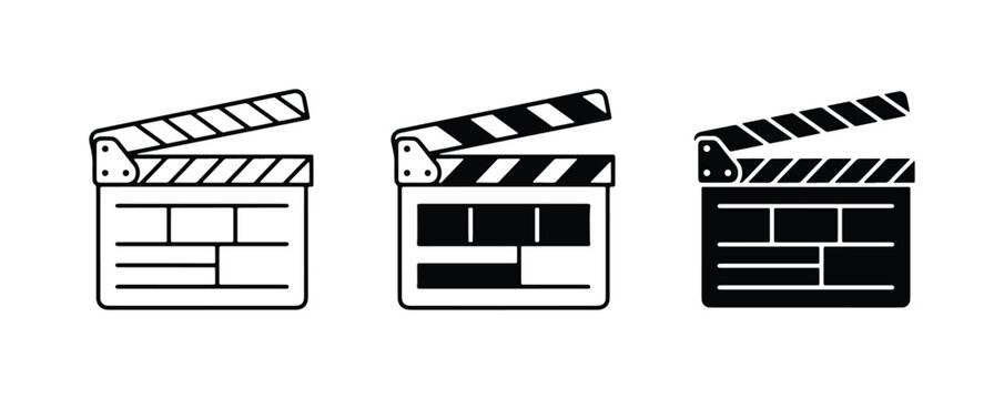 Film Clapperboard Icons, Movie Production Symbols, Cinema Slate Set, Black and White Vector Graphics for Filmmaking and Video