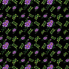 Obraz premium Vibrant purple watercolor floral seamless pattern on black background.