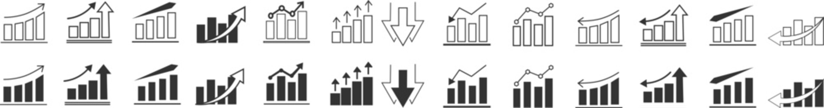 growth and decrease icon set. growth up and down. Stock increase and decrease icon set isolated on transparent background. upward or downward trend bar chart icon
