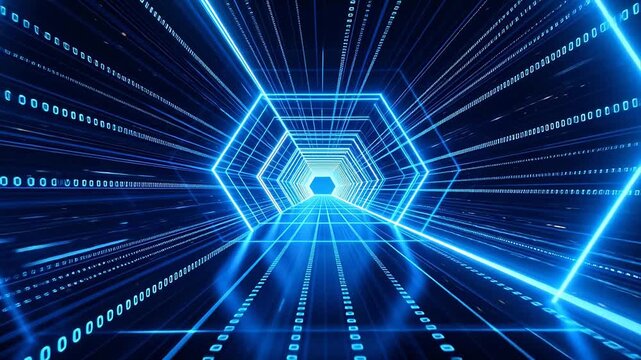 Hexagonal neon tunnel with flowing binary code matrix walls