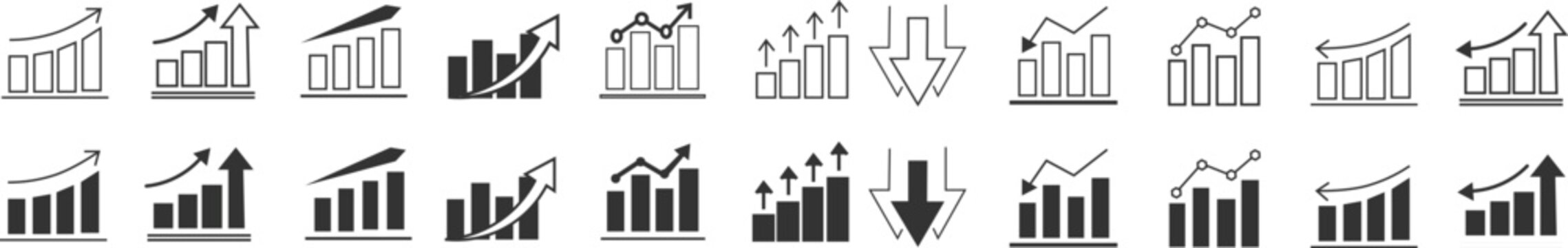 Growth icon set. Up and down graph chart vector icon set. Business growth and fall graph symbols. Increase and decrease icon set showing business growth and decline graph symbols
