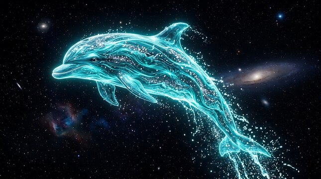 Glowing blue dolphin swimming through deep space, bright stars spiral galaxy.
