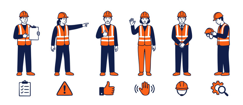 Construction Workers Character Set, Engineering Professionals in Safety Vests and Hard Hats, Diverse Team Members Gesturing and Holding Clipboard for Industrial Project Management and Site Inspection