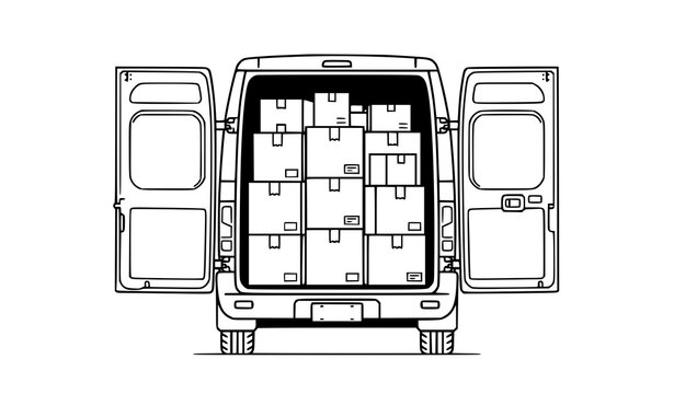 Cargo van back view with boxes line icon delivery truck outline vector illustration