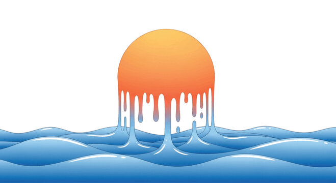 Melting sun, orange sunset, dripping effect, blue ocean waves, vector illustration