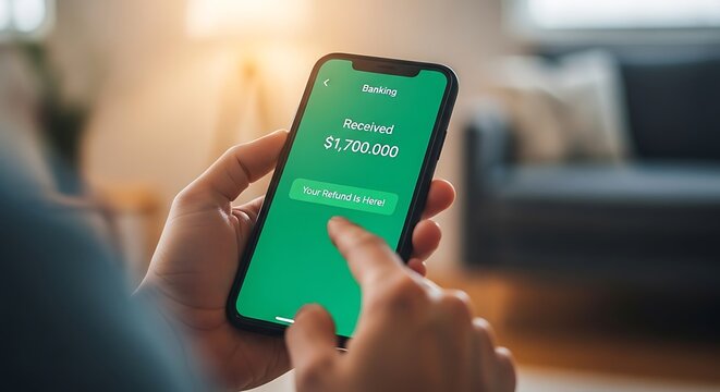 A person holding a smartphone displaying a banking application with a green screen showing a received refund amount of 1, 700, 000 dollars, blurred