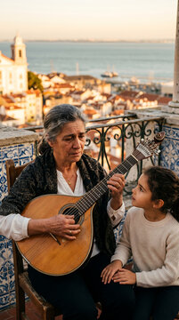 Portuguese grandmother teaches fado music to young boy on balcony with city view