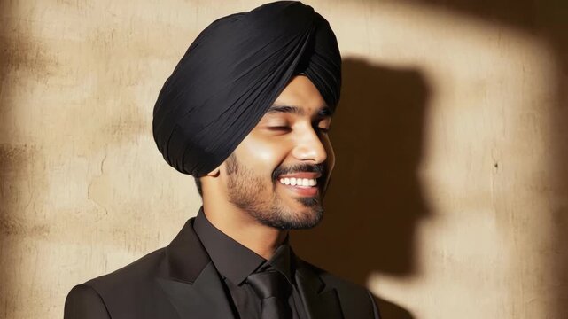 A man wearing a turban is smiling broadly. He is dressed formally in a suit with a tie.