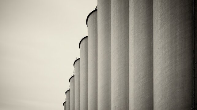 Industrial silos standing tall, forming a powerful visual rhythm with their circular forms and concrete textures diminishing into the distance under a grey sky